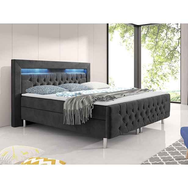 Boxspringová manželská postel s LED osvětlením 180x200 DELBIN - šedá + topper ZDARMA
