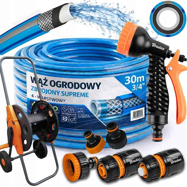 Hadice Zahradní Gumová 3/4" 30m 4 Vrstvy Supreme Pistole Vozík Sada Bradas