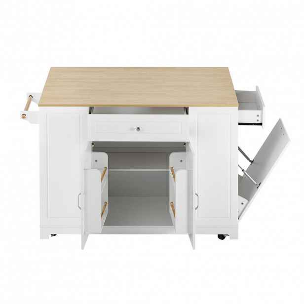 Redom KUCHYŇSKÝ ostrůvek 131,8/40-70/93,3 cm s rozkládací pracovní deskou, úložným prostorem, zásuvkami a kolečky, Bílá a přírodní