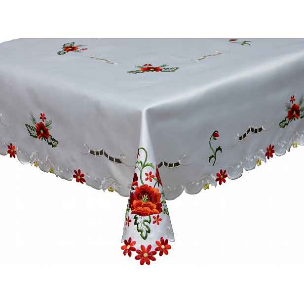 Vyšívaný ubrus 130 x 170 cm, bílá, červená výšivka