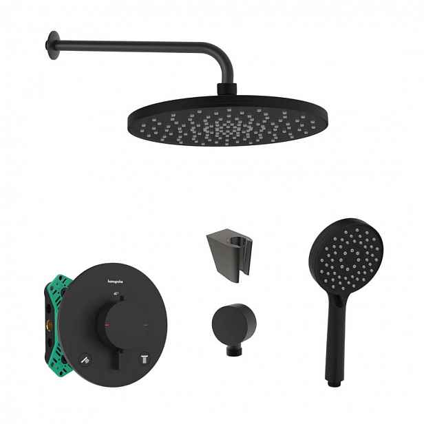 SANITINO - Sprchový set s termostatem a tělesem pod omítku Hansgrohe, příslušenství kielle, matná černá SANI21HKK412