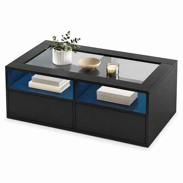 STILVORA KONFERENČNÍ STŮL v černé barvě s LED osvětlením, skleněnou deskou, 2 zásuvkami a otevřeným úložným prostorem, 100 × 50 × 35 cm