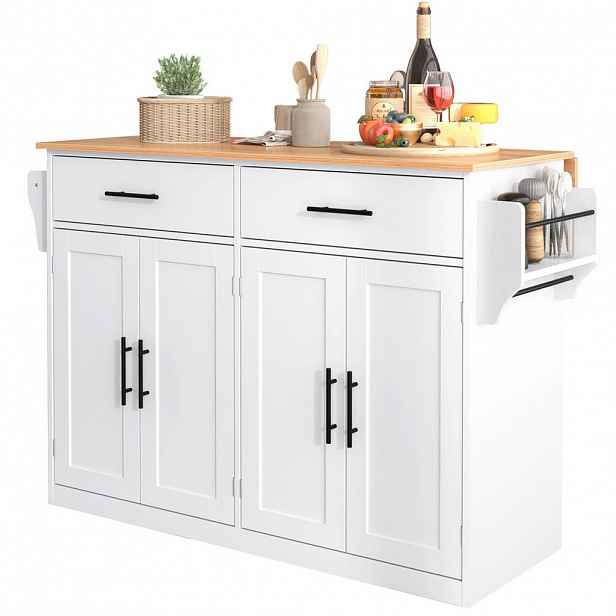 Modfu SERVÍROVACÍ vozík z MDF 120x46(70)x91,5 cm bílá/přírodní s kolečky, sklápěcí deskou a vyměnitelnými dřevěnými nohami