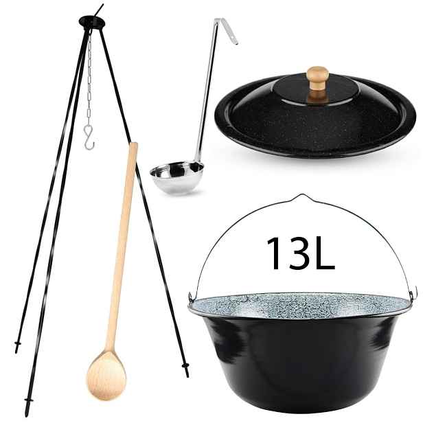 Perfect Home Kotlikset014 Trojnožka ke kotlíkům 1,2m + smaltovaný kotlík s poklicí 13 L + vařečka + naběračka ZDARMA, 5 ks