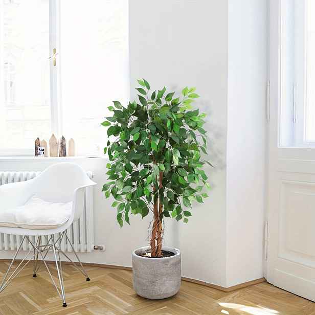 TEMU Umělý ficus , vysoký falešný ficus s přirozeným dřevěným kmínem v plastovém černém květináči pro vnitřní i venkovní použití, dekorace do