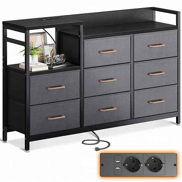 Komoda 8 Zásuvek Odk Univerzální Tmavě šedá Černá 132x30x88 cm Usb Ac