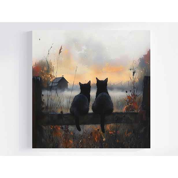 Obraz Na Plátně Canvas Podzim Vesnice Louka Mlha Černé Kočky Přátelství 50x50