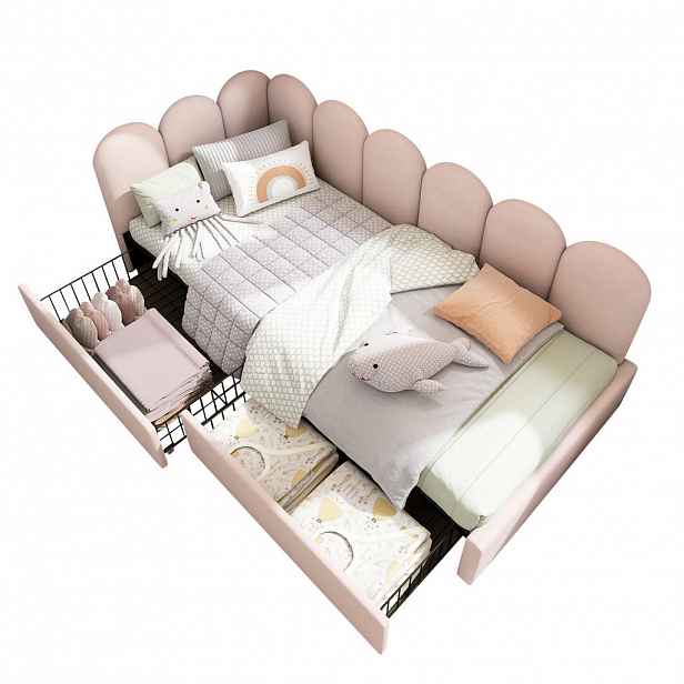 Modfu ČALOUNĚNÁ postel z sametu 90x190 cm růžová se 2 zásuvkami a lamelovým roštem, variabilní daybed