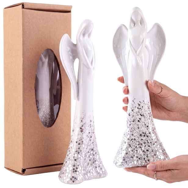 Moderní bílá andělská dekorativní figurka, keramická ozdoba Dárek 43 cm