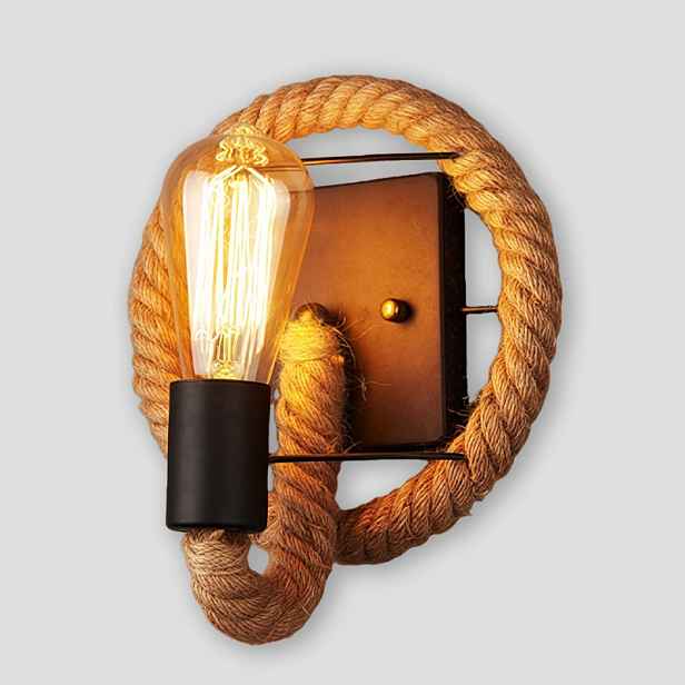 Retro průmyslové nástěnné svítidlo, kovová lampa s konopným lanem, vintage nástěnné svítidlo E27