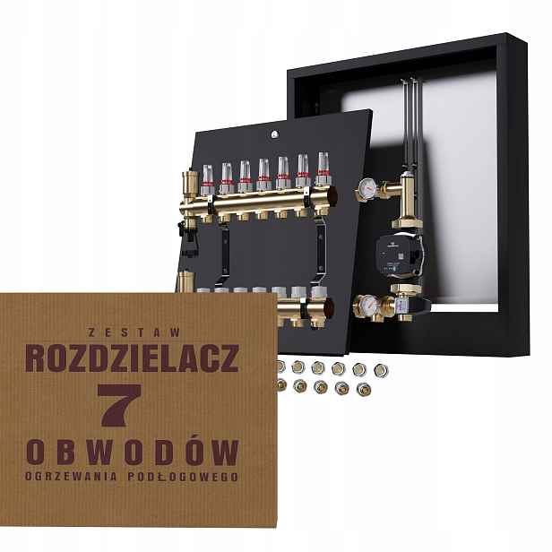 Rozdělovač pro podlahu 7 s spojkami, čerpadlo Grundfos nástěnná černá barva