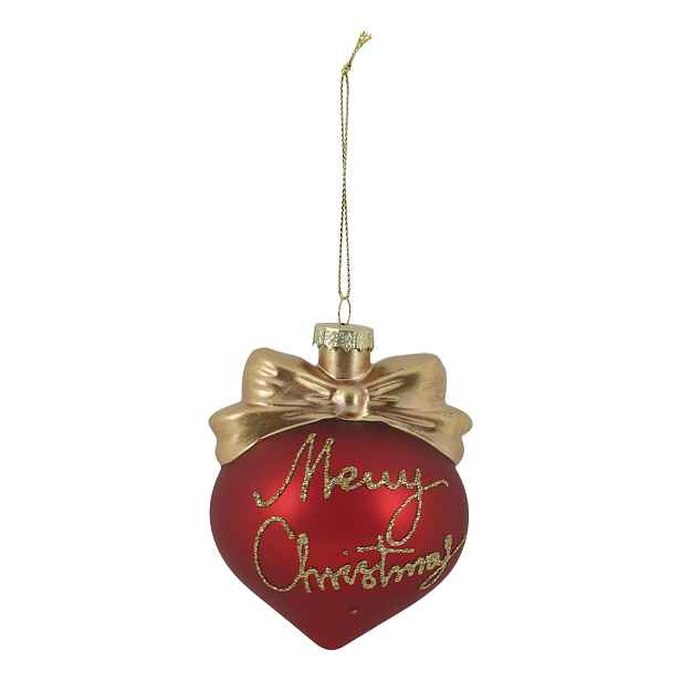 Červená skleněná vánoční baňka s mašlí Merry Christmas – Ø 8*10 cm Chic Antique