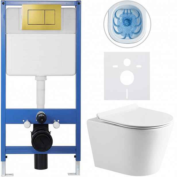 Kompletní WC set Profi/Carlito - bílá lesklá - WC tlačítko Classic/Zlatá - předstěnová instalace - 48,5x36,5 cm