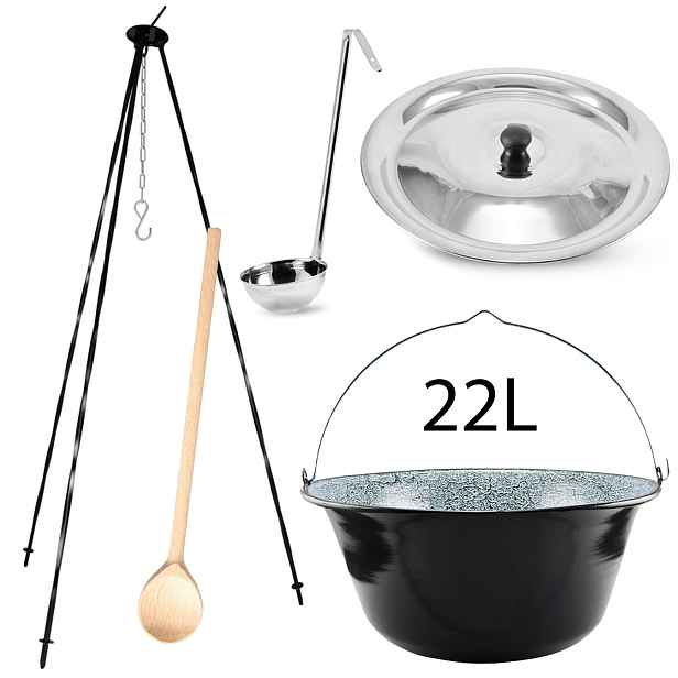 Perfect Home Kotlikset015 Trojnožka ke kotlíkům 1,24m + smaltovaný kotlík s poklicí 22 L + vařečka + naběračka ZDARMA, 5 ks