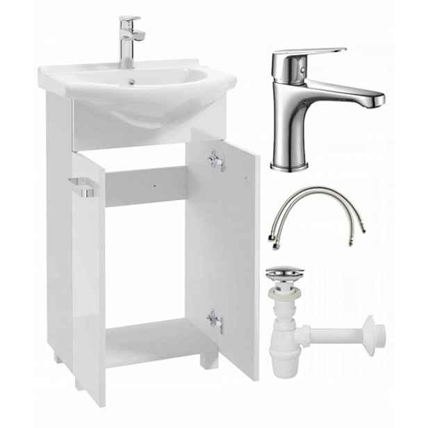 Koupelnová skříňka s umyvadlem a baterií a sifonem 85x50 stojící bílá