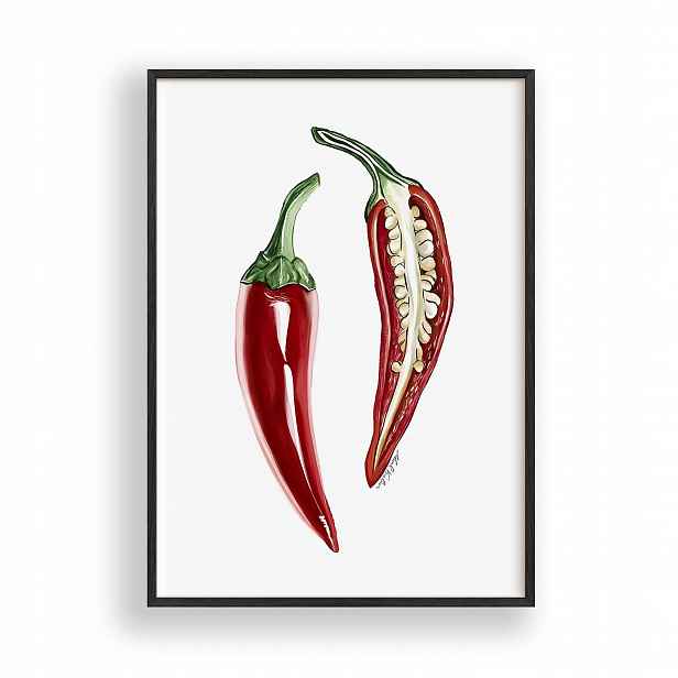 Obraz Červená paprička Chilli Rámeček Dřevěný Černý 30x42 cm