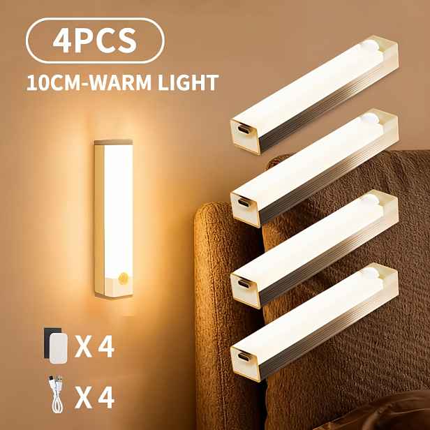 TEMU 4ks Noční Světlo s Pohybovým Senzorem, USB Nabíjecí Přenosná Lampa, Teplé Bílé Světlo, Plynulé Stmívání, Magnetické Nástěnné Světlo, Vhodné pro