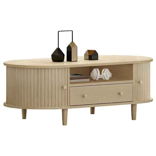 Modfu KONFERENČNÍ stolek z MDF 100x50x36 cm dubová barva se zásuvkou, roletovými dvířky a otevřeným úložným prostorem
