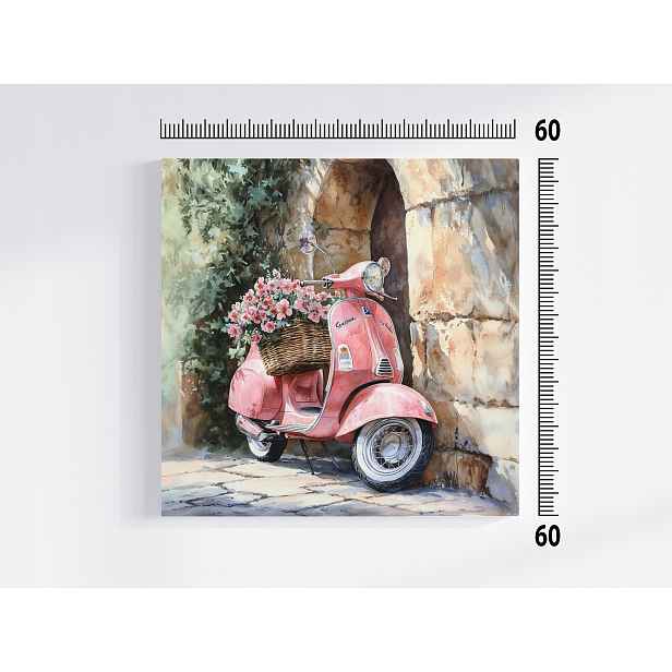 Obraz Na Plátně Canvas Růžový Skútr Vespa Květiny Zeď Vintage Retro 60x60