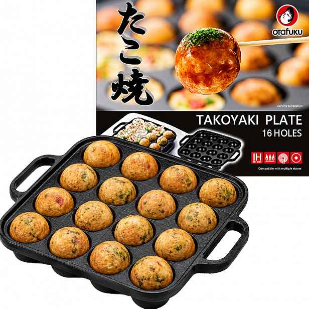 Litinová pánev na japonské kuličky Takoyaki 16 otvorů 23 cm x 18 cm