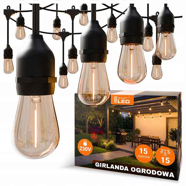 Zahradní světelná girlanda 15M 15X Led žárovka E27 vodotěsný kabel