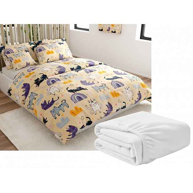 Sada mikroplyšového povlečení PURRSLEEP béžové + prostěradlo mikroplyš SOFT 180x200 cm bílé, dvoulůžko