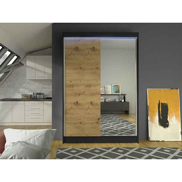 Šatní skříň 120 cm se zrcadlem a LED RGB osvětlením SAMANRE 1 - černá / dub artisan
