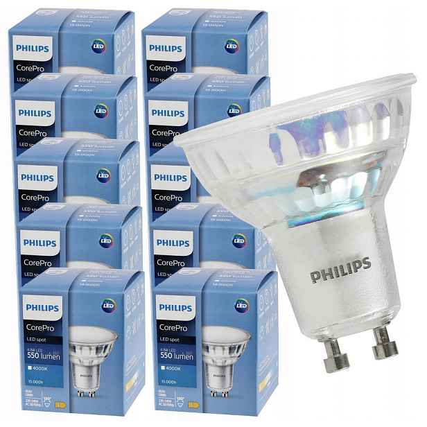 10x Led žárovka Philips 4.9W Corepro Led spot 550lm GU10 4000 K neutrální