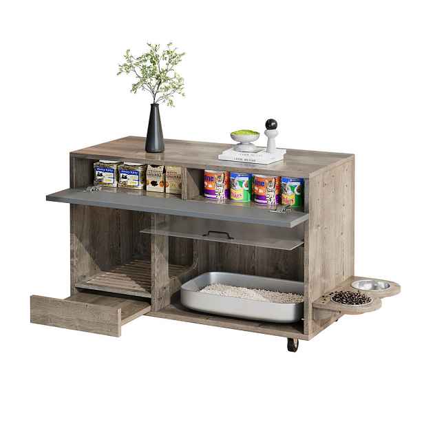 EVRYAE SIDEBOARD Skříňka na kočičí toaletu se skrytými akrylátovými dvířky a úložným prostorem, MDF vzhled dřeva kompaktní