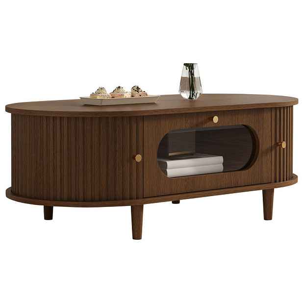 Modfu KONFERENČNÍ stolek z MDF 100x50x36 cm ořechová barva se zásuvkou a roletovými dvířky, minimalistický design