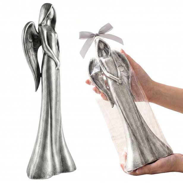 Andělská figurka Stříbrná keramická dekorativní ozdoba Dárek Elegantní 43 cm