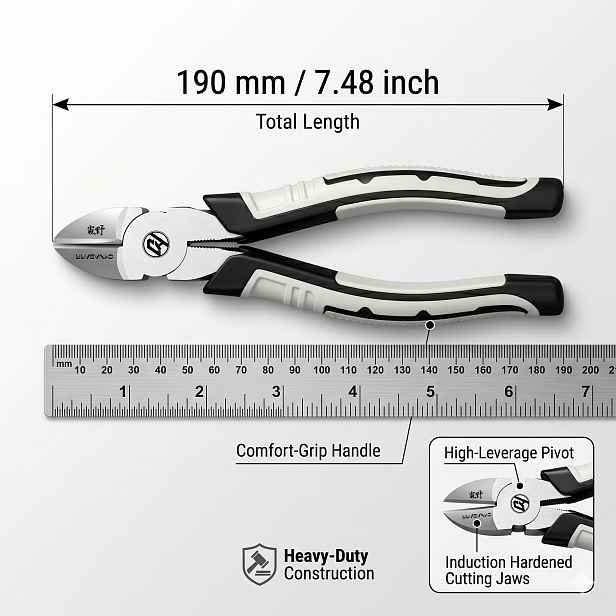 TEMU Diagonální kleště z chrom-vanadiové oceli 190 mm / 7,48 palce, 8palcové průmyslové multifunkční diagonální kleště, kleště na dráty, odizolovače