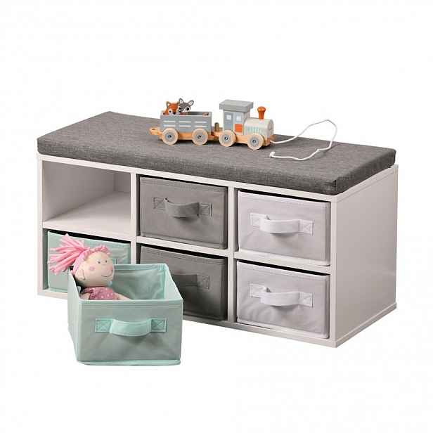 Kesper 17729 Lavice s 6 boxy, bílá/šedá/mátová, 38 x 68 x 29,5 cm