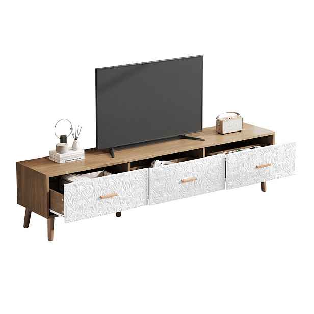 OKWISH TV stolek 150/39/35 cm bílá, světlé dřevo z dřevotřísky s retro úložným prostorem