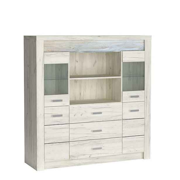 MASSENO KOMODA ZERI, 137/141,5/42 cm se 3 zásuvkami a 4 dvířky, dub Bianco
