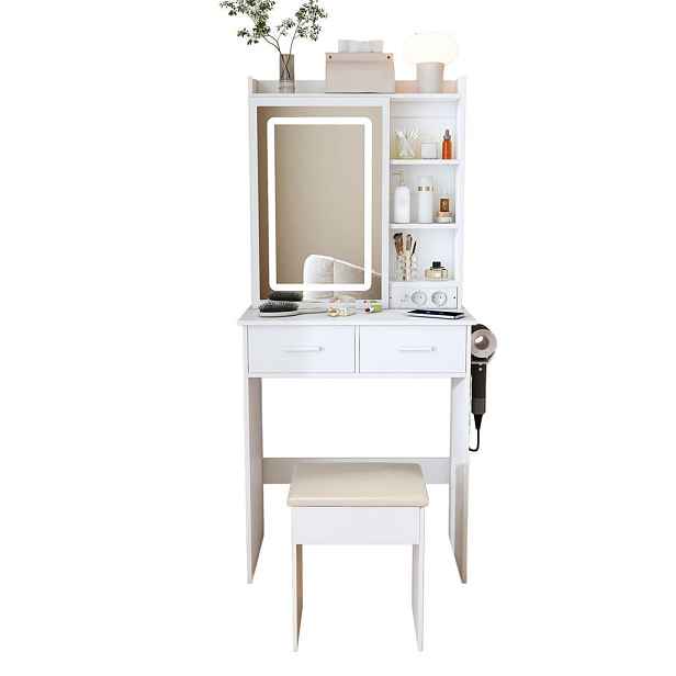 OKWISH TOALETNÍ stolek 60/36/136 cm bílý z MDF s LED osvětlením, USB porty a úložným prostorem