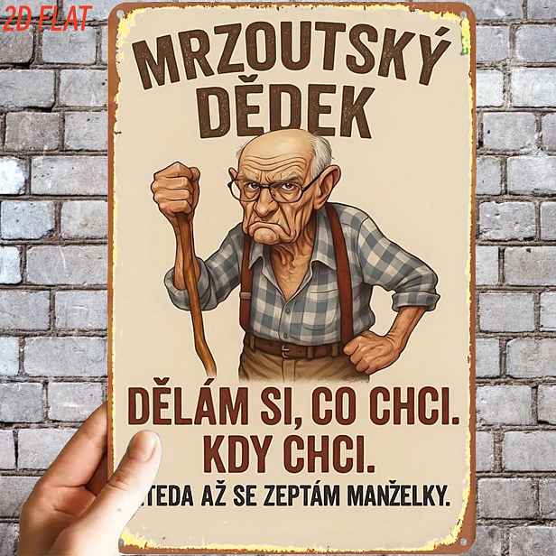 TEMU 2D plochá, 2D plochá, 1 ks, Retro Mrzoutsky dědeček vintage cedule, kovová železná cedule, předvrtané otvory, vhodná pro interiér, zahradu,