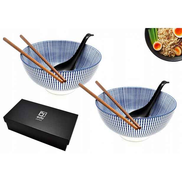 Sada 2 misek s lžícemi a hůlkami Udon Tokusa Blue 800 ml Box