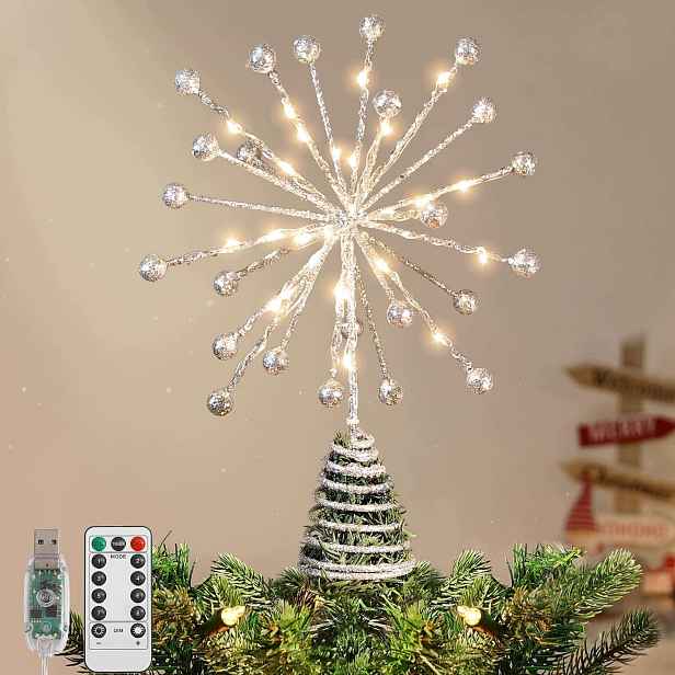 Lewondr 3D Hvězdička na špičku vánočního stromku 30 Led Usb dálkový ovladač stříbrný