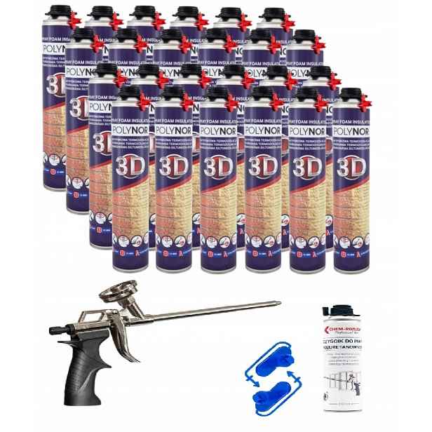 Pur Stříkací Izolace Polynor 3D Sada 24 x 850 ml Pistole Čistič