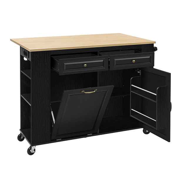 EVRYAE KUCHYŇSKÝ OSTRŮVEK s výklopnou pracovní deskou 120 cm, zásuvkami, kolečky a přihrádkou na odpad