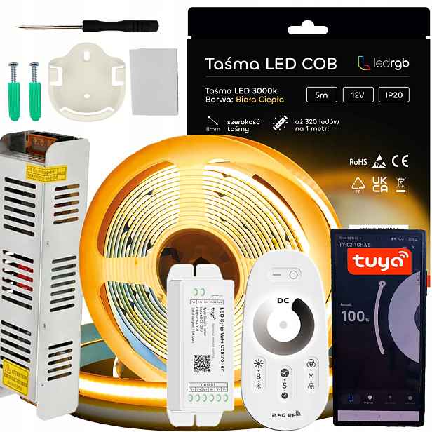 Sada Led pásků Cob 12V 5 m 3000K Bílá Teplá Napájecí Zdroj Tuya Wifi Dálkový Ovladač Rf