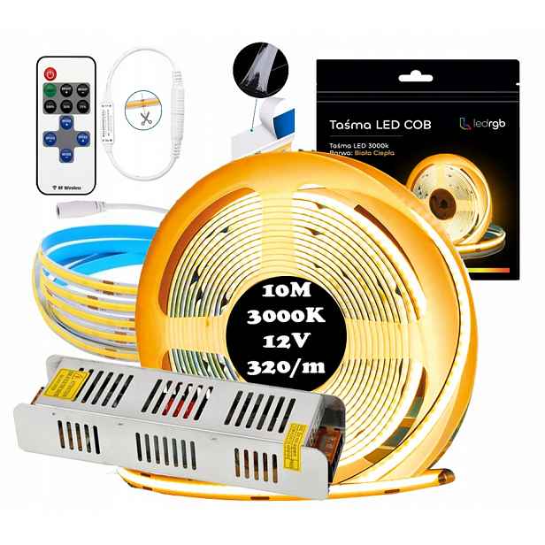 Sada Led pásků Neon Cob 24V 10 m 3000K Bílá Teplá Napájecí Zdroj Dálkový Ovladač 8 mm