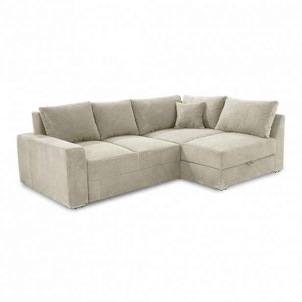 luma-home ROHOVÁ POHOVKA – PRO DLOUHODOBÉ SPÁNÍ: Boxspring, pružinová matrace, topper, úložný prostor, 260 × 181 × 88 cm (Š×H×V), manšestr béžovo-šedý
