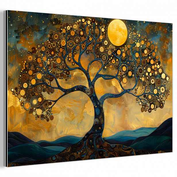 MuchoWow KOVOVÝ OBRAZ Strom - Měsíc - Květiny - Zlato - Umění 60x40 cm
