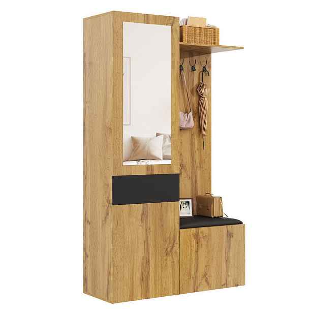 OKWISH PŘEDSÍŇOVÁ sestava 98,5/38/191 cm černá a přírodní z MDF se zrcadlem, háčky a úložným prostorem
