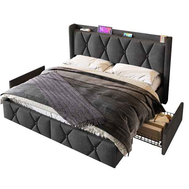 Redom ČALOUNĚNÁ postel 140/200 cm s matrací, USB porty, zásuvkami a 4 zásuvkami, lněný potah, Šedá
