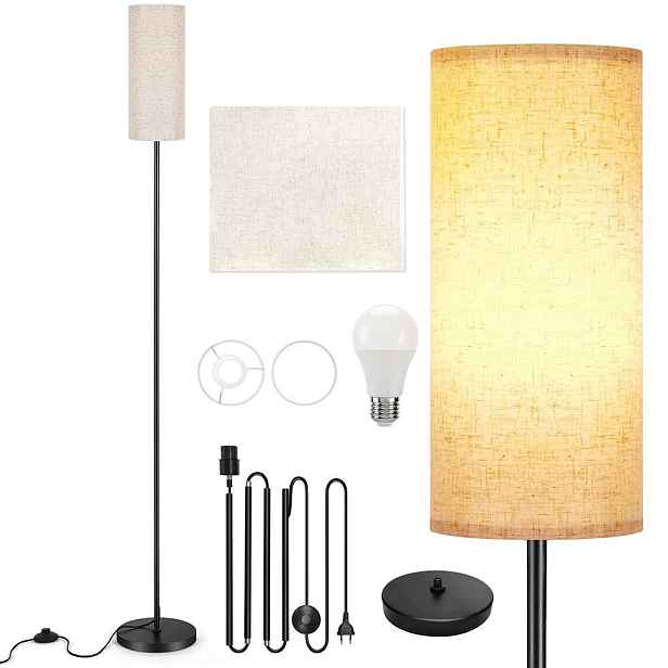 Stojací podlahová lampa 175 cm pro čtení E27 Noční Lampa Lněná Stínidlo