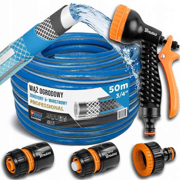 Hadice 3/4" 50 m 6 Vrstev Pistole Spojky Sada Bradas 36 Bar
