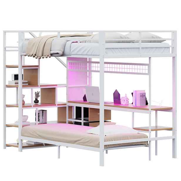 Modenvie VYSOKÁ postel 140/200 a 90/200 cm z kovu a MDF bílá, s psacím stolem a LED